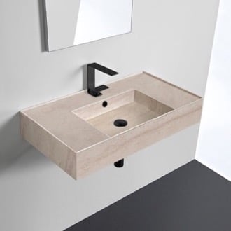 Beige Travertine Design Ceramic Wall Mounted or Vessel Sink With Counter Space Scarabeo 5123-E